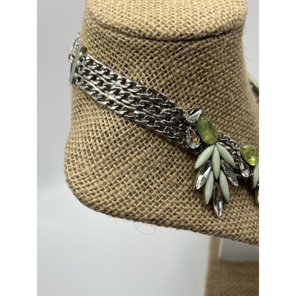Silver tone Natasha Statement Necklace With Green & Clear Gemstones 10" Length - Picture 4 of 8